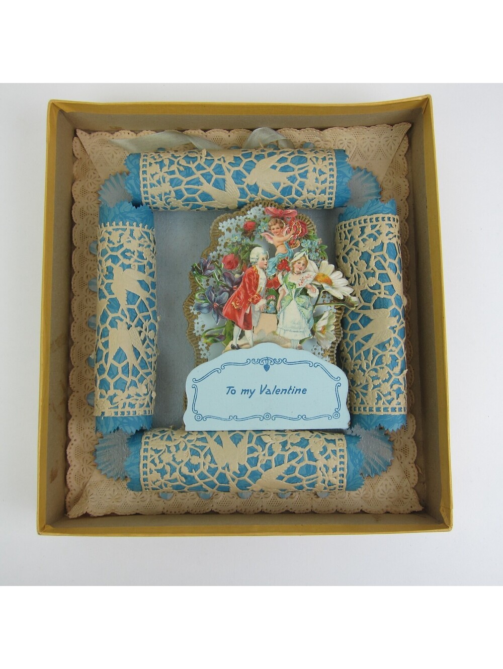 Antique Valentine 3D LARGE Store Box Cupid Boy Girl Blue Flowers Honeycomb RARE
